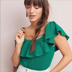Anthropologie Green Off Shoulder Ruffle Top Textured Blouse | Small